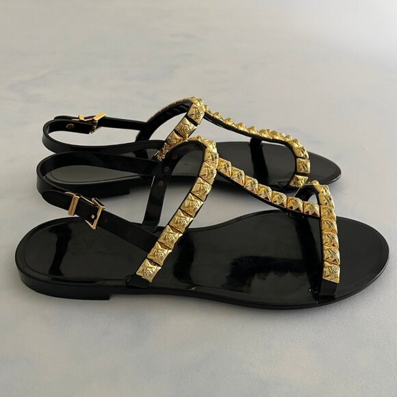 Stuart Weitzam Strapy Black & Gold Jelrose Sandals - Picture 2 of 7